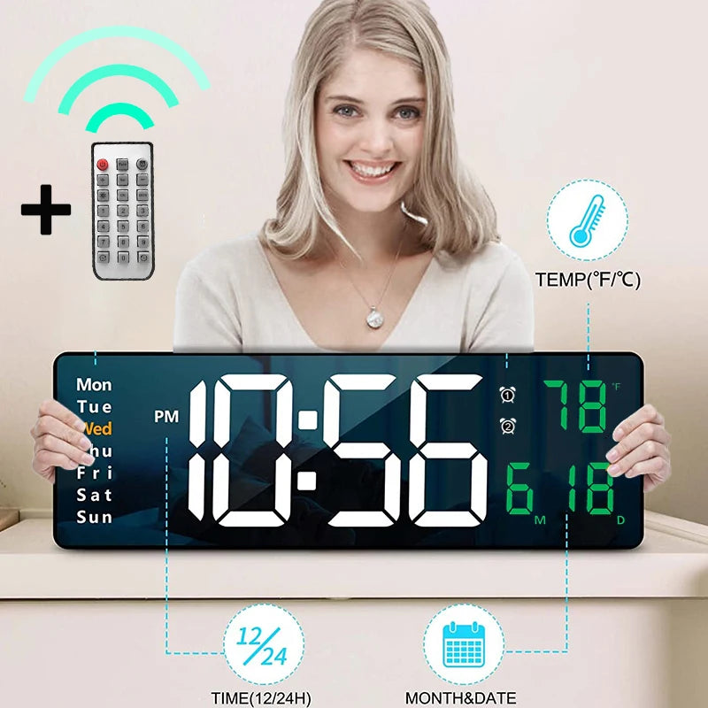 Smart Mute LED Electronic Wall Clock with Thermometer and Alarm