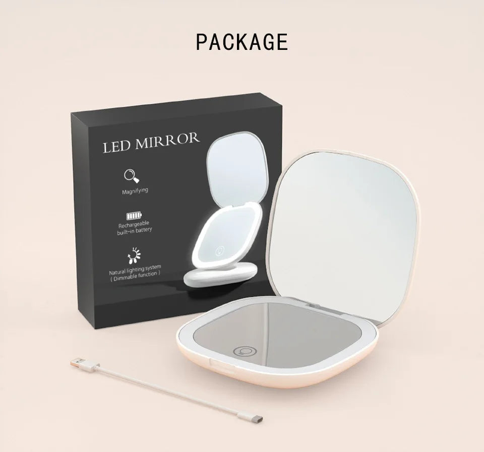 Mini Compact Foldable LED Makeup Mirror with 5x and 10x Magnification Rechargeable and Travel Friendly
