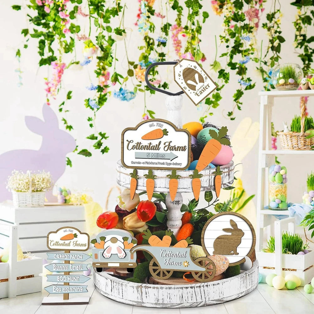 Easter Bunny Carrots Wooden Tiered Tray Decorations Set for Happy Easter Day Table Centerpiece