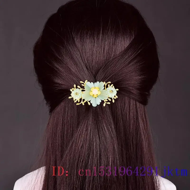 Green Jade Flower Barrette Hairpin 18K Gold Vintage Clip
