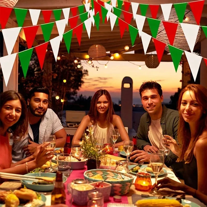 Red White Green Party Bunting 33ft | Plastic Flags for Christmas Mexican Fiesta | Bulk Stadium Wedding Store Decor
