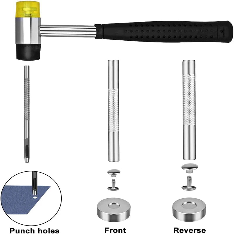 Kraball 360 Set Leather Rivets Double Cap Rivets Tool Kit with Tubular Rubber Hammer for Clothing and Shoe Decoration and Repair