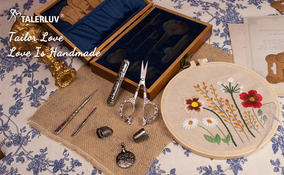 Vintage Sewing Kit Complete European Style Antique Embroidery Scissors Set with Needles and Craft Supplies for DIY Projects