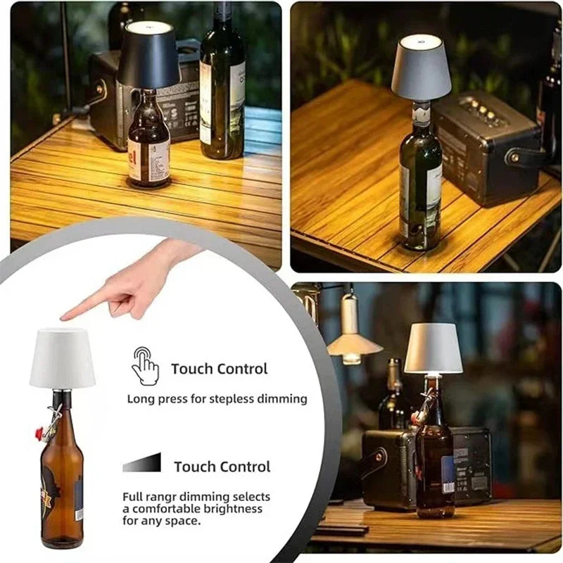 Wireless Bottle Table Lamp with Touch Control Three Color Options and Stepless Dimming for Home and Bar Ambiance