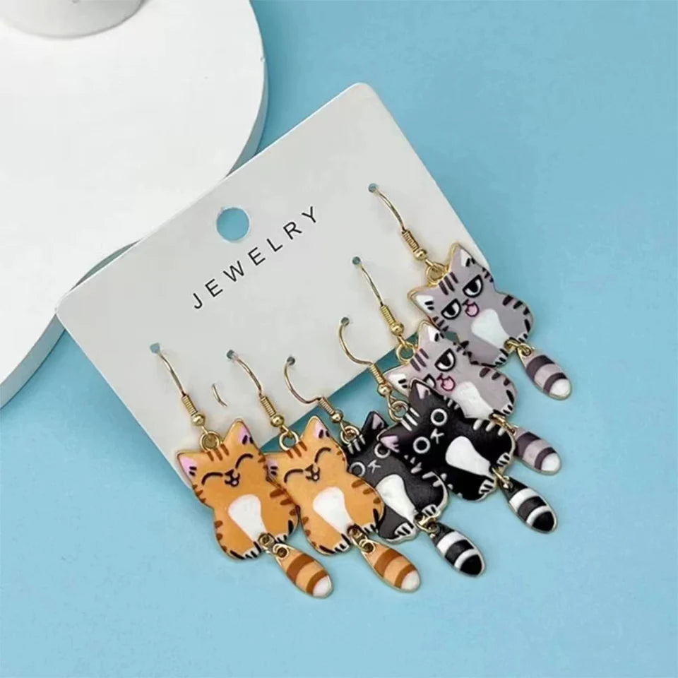 3 Pairs Fun Cute Enamel Alloy Cat Dangle Earrings Set Gift