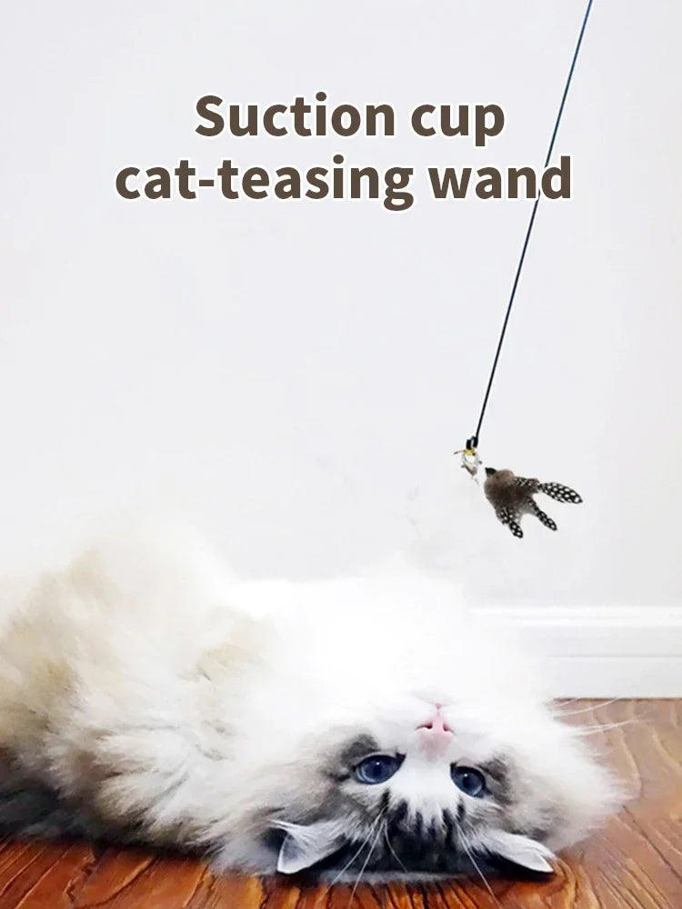 Cat Teaser Stick With Bell Feather Long Rod Suction Cup