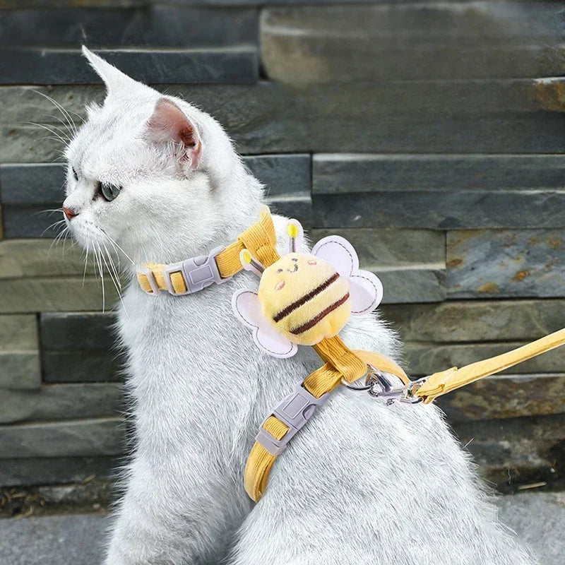 1/2pcs Cat Harness Leash Collar Adjustable Cartoon Bee Double Layer Dog Harness Small Medium Pet Collar Leash Outdoor Walking