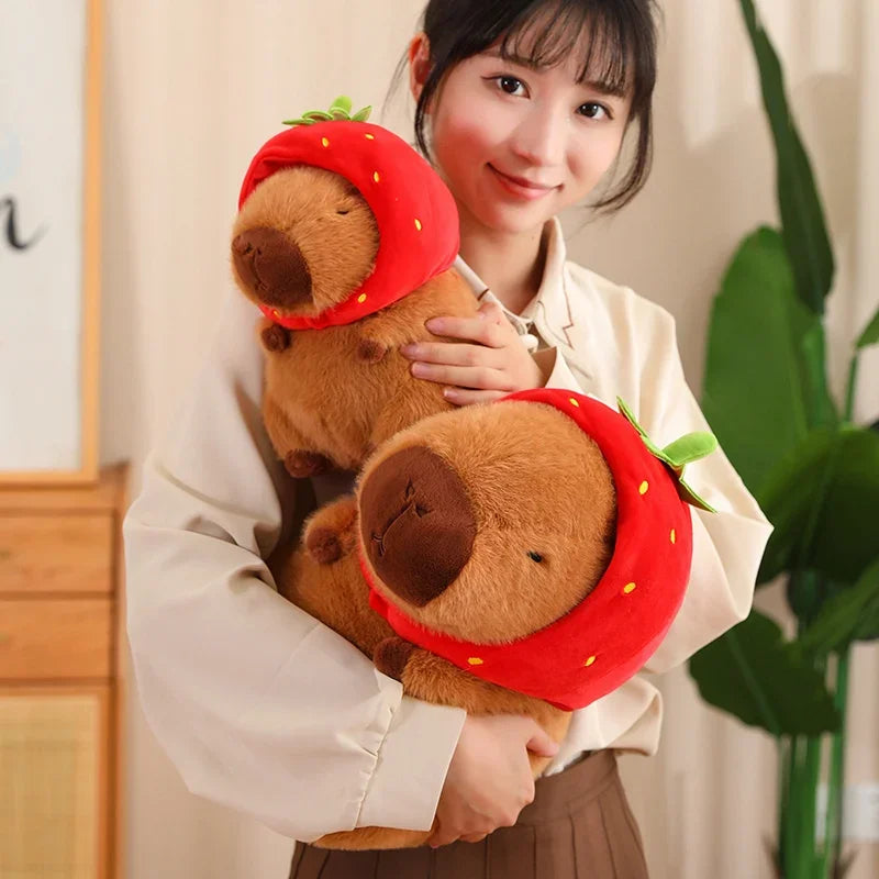 Strawberry Hat Capybara Plush Toy with Turtle Backpack Pendant