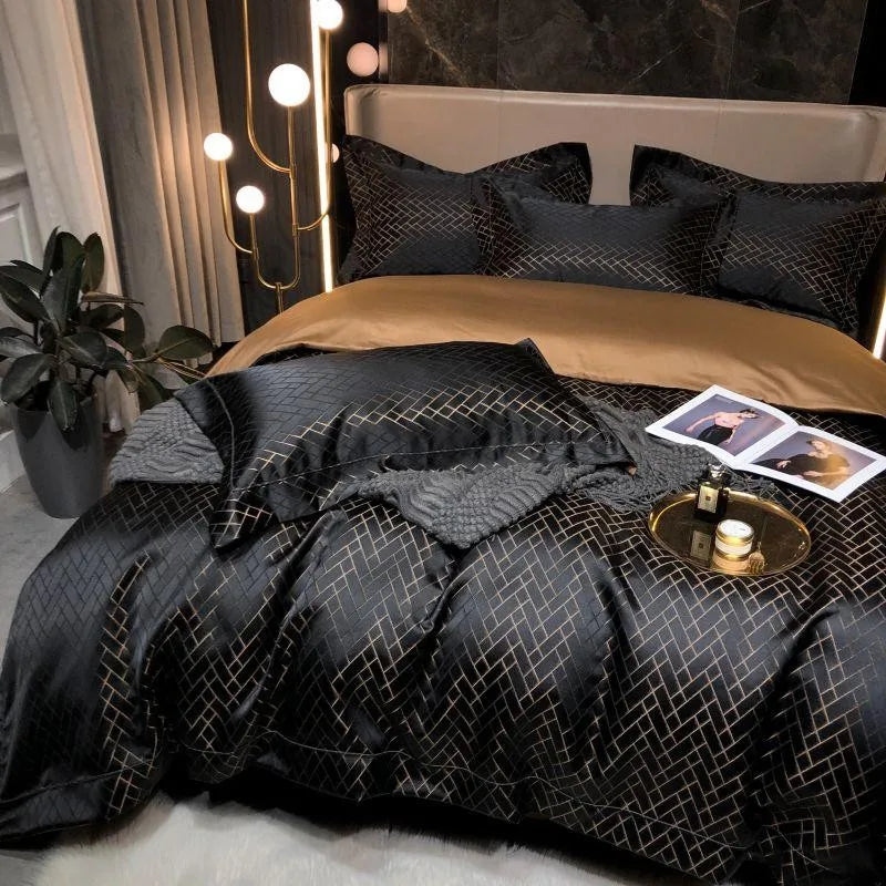 4/6Pcs Luxury Black Gold Jacquard Egyptian Cotton Duvet Set