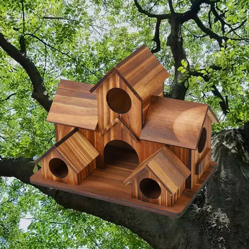 Rustic Bird House Natural Wood Garden Outdoor Hanging Feeder Villa Nest Handmade Waterproof Decoration for Wild Birds Habitat