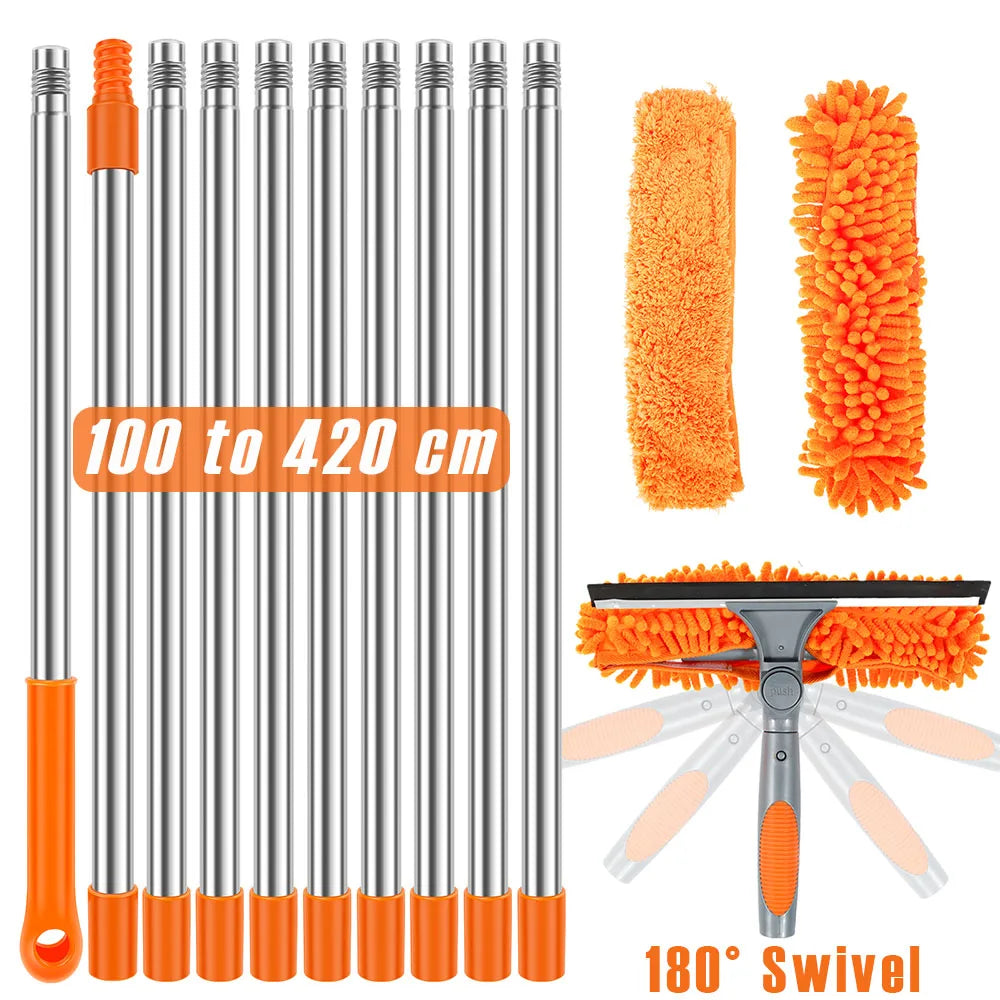 Extended Window Cleaning Kit with 2 in 1 Double Sided Glass Squeegee and Duster Mop 180 Degree Swivel Design for Effortless High Reach Cleaning