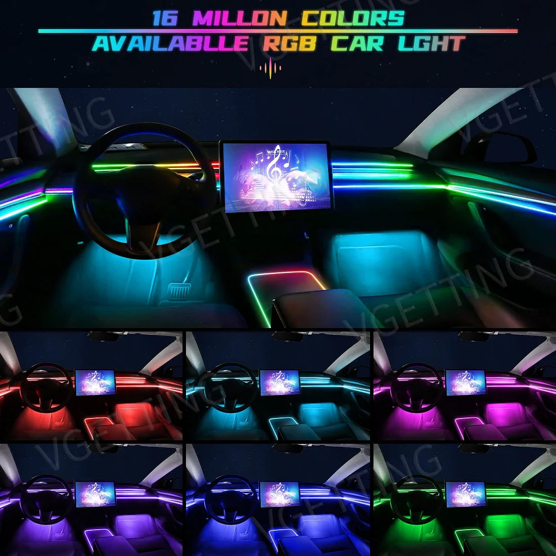 Vgetting 18 in 1 Car Ambient Lights LED Acrylic Strips RGB 64 Colors APP Control