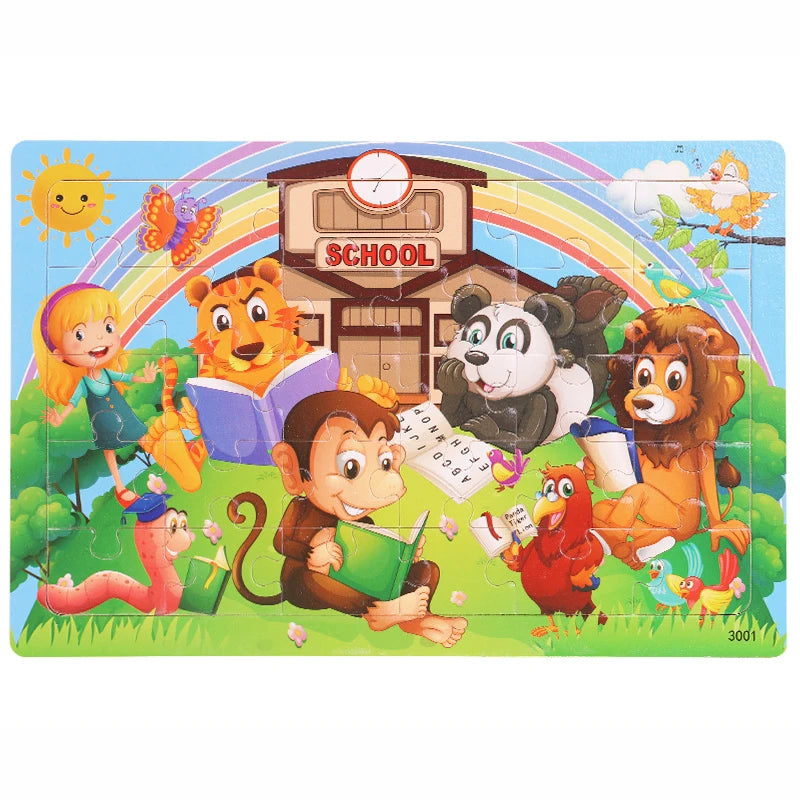 30 Pieces Wooden Jigsaw Puzzle Kids Cartoon Animal Vehicles