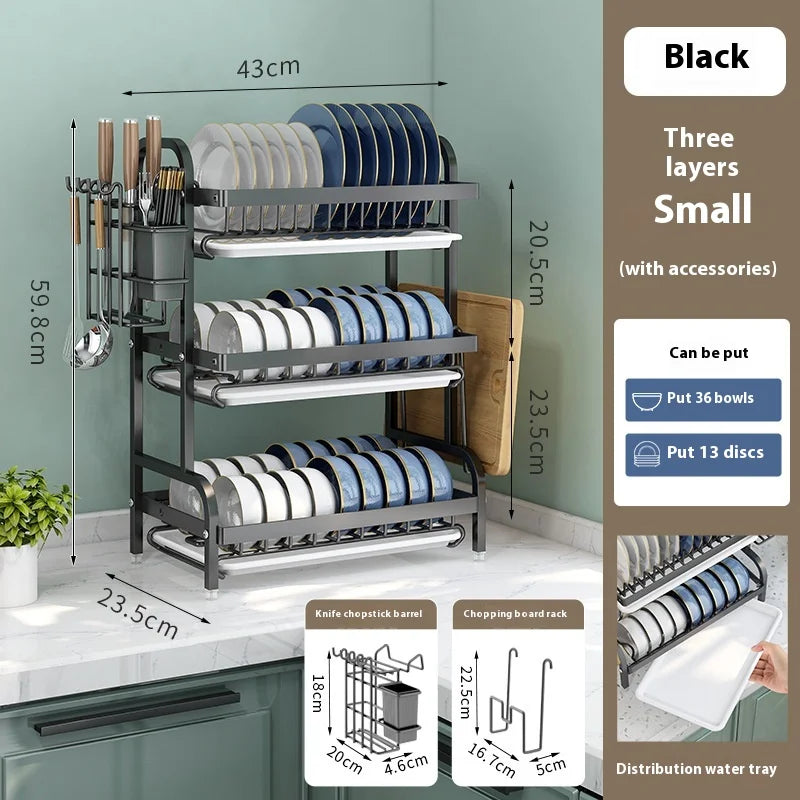3-Tier Compact Dish Drying Rack with Drainboard Large Rust-Proof Metal Kitchen Storage Solution