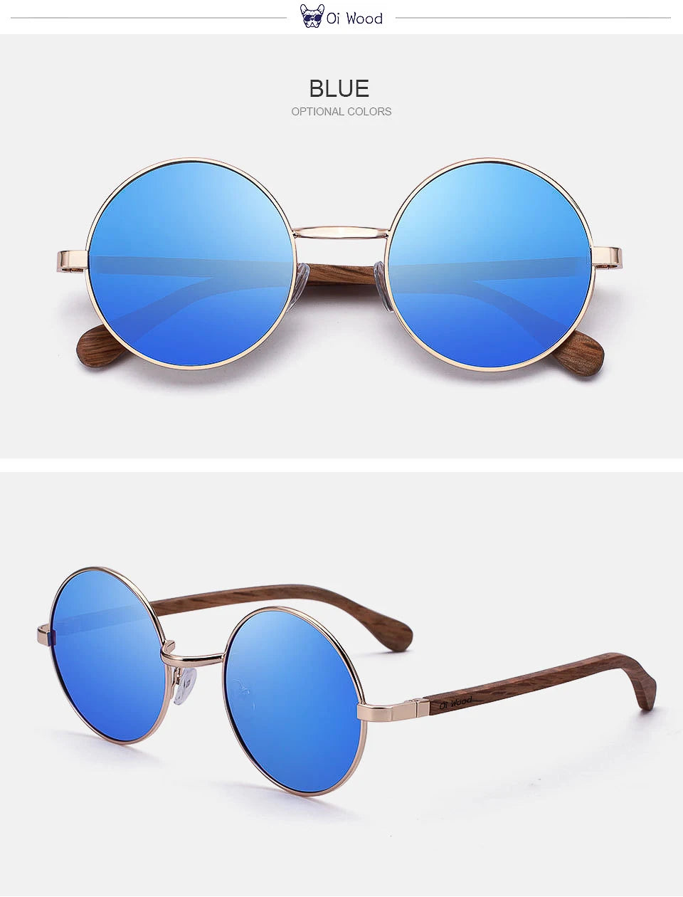 Oi Wood Retro Round Sunglasses For Men Women Polarized Blue Mirror Eyewear 8024