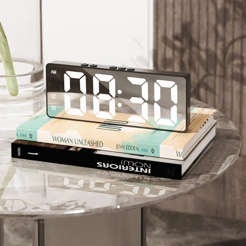LED Mirror Table Clock with Digital Alarm and Snooze Function