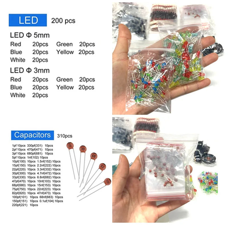 1818 Pieces Electronic Components Kit for Hobbyists and Students Including Resistors Capacitors Transistors Diodes LED and PCB Board