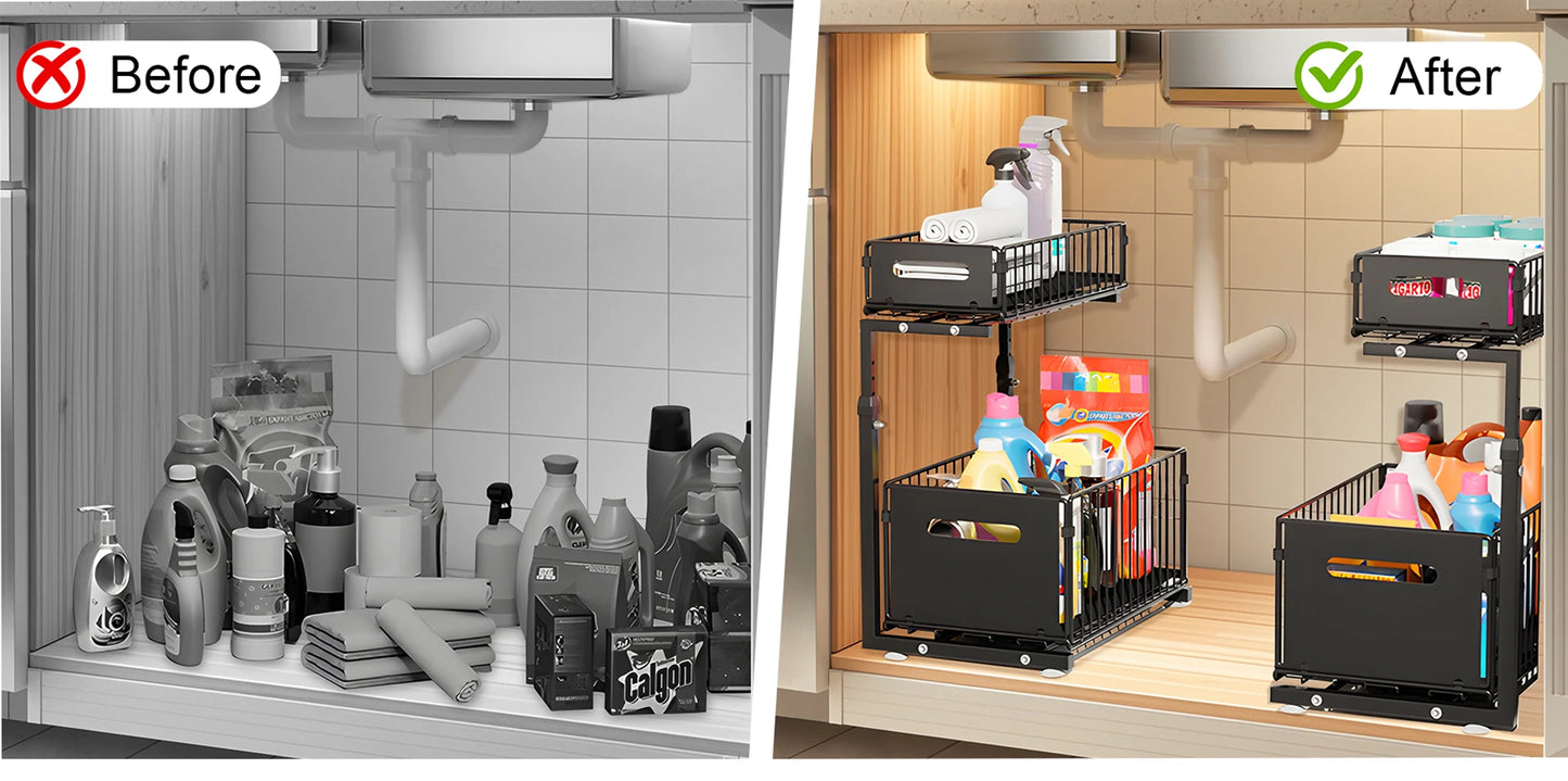 2 Tier Pull Out Cabinet Organizer Adjustable Kitchen Storage Rack