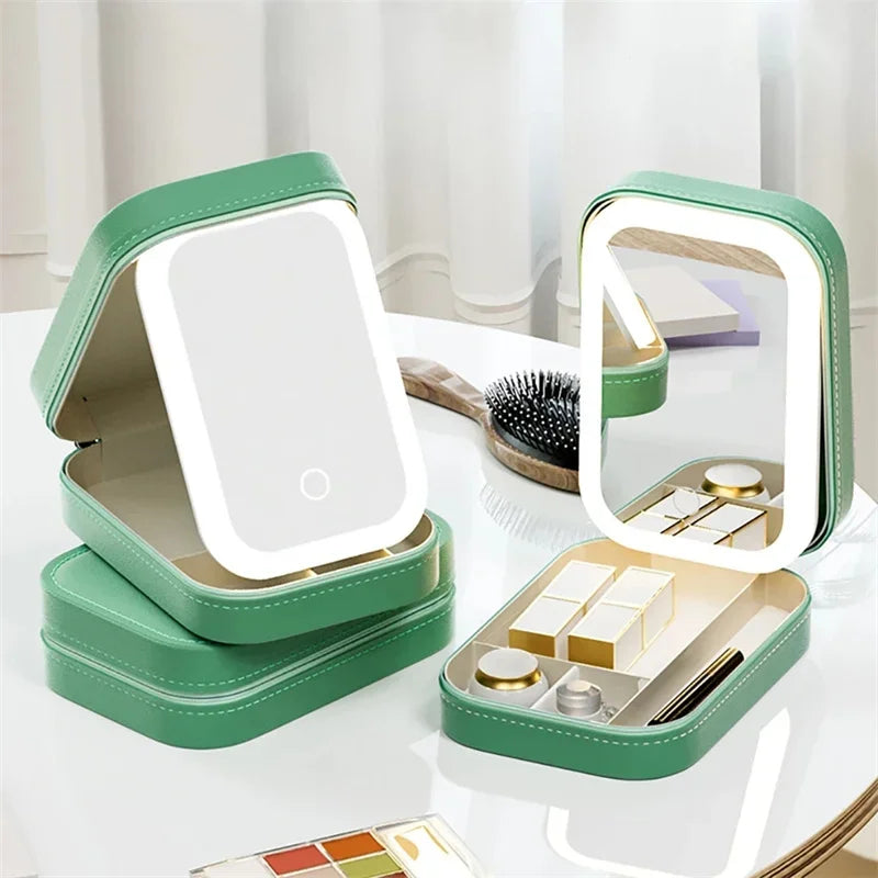 LED Makeup Storage Box with Mirror Portable Travel Case Large Capacity Organizer for Cosmetic Accessories