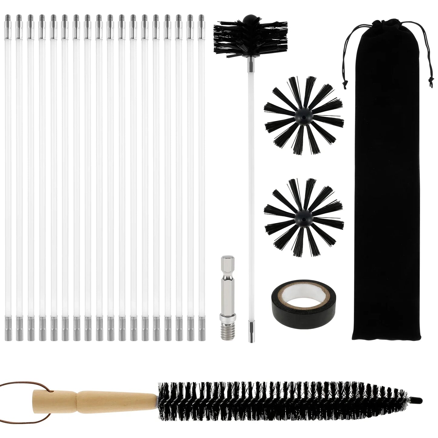 Chimney Cleaning Brush Set with Extendable Long Handle and Flexible Rods 9 to 18 Pieces for Efficient Chimney and Roof Cleaning