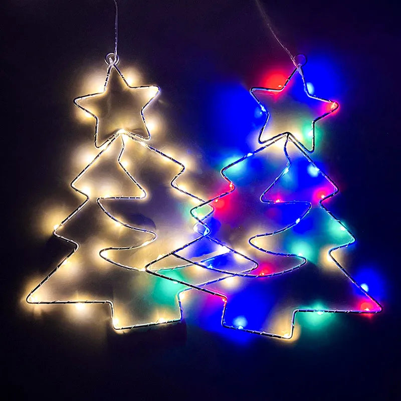 Xmas Tree Iron Frame LED Light String Window Hanging Ornament for 2024 Christmas and 2025 New Year Home Decoration