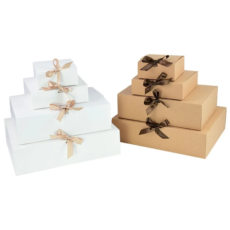 5 Piece Black and White Kraft Paper DIY Gift Box Set with Bow Ribbon for Weddings and Parties