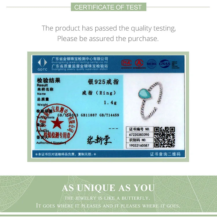 WOSTU 925 Sterling Silver Turquoise Waterdrop Ring for Women