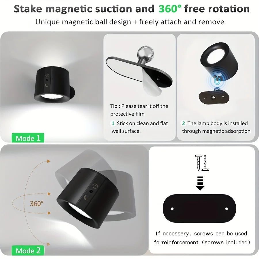 Rechargeable Magnetic LED Wall Lamp with 360 Degree Rotation and Wireless Remote Control
