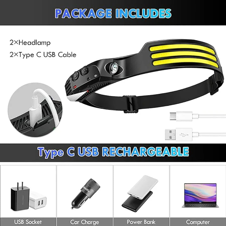 Powerful COB LED Induction Headlamp USB Rechargeable for Camping Fishing Riding