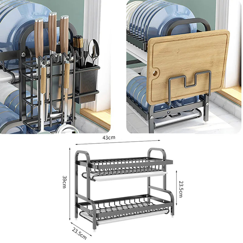 2-Tier Compact Dish Drying Rack Set with Drainboard Large Rust-Proof Dish Drainer and Utensil Holder for Efficient Kitchen Organization