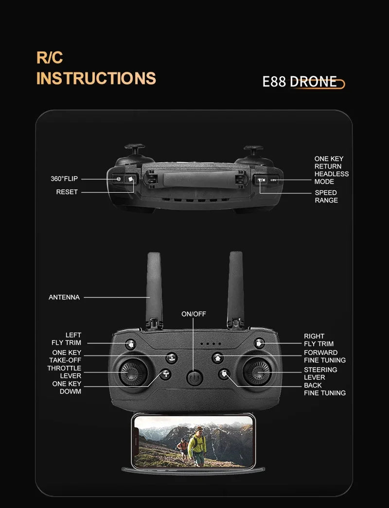 Professional Mini Remote Control Drone E88 4K HD Camera Wifi FPV Folding Quadcopter Gift for Kids