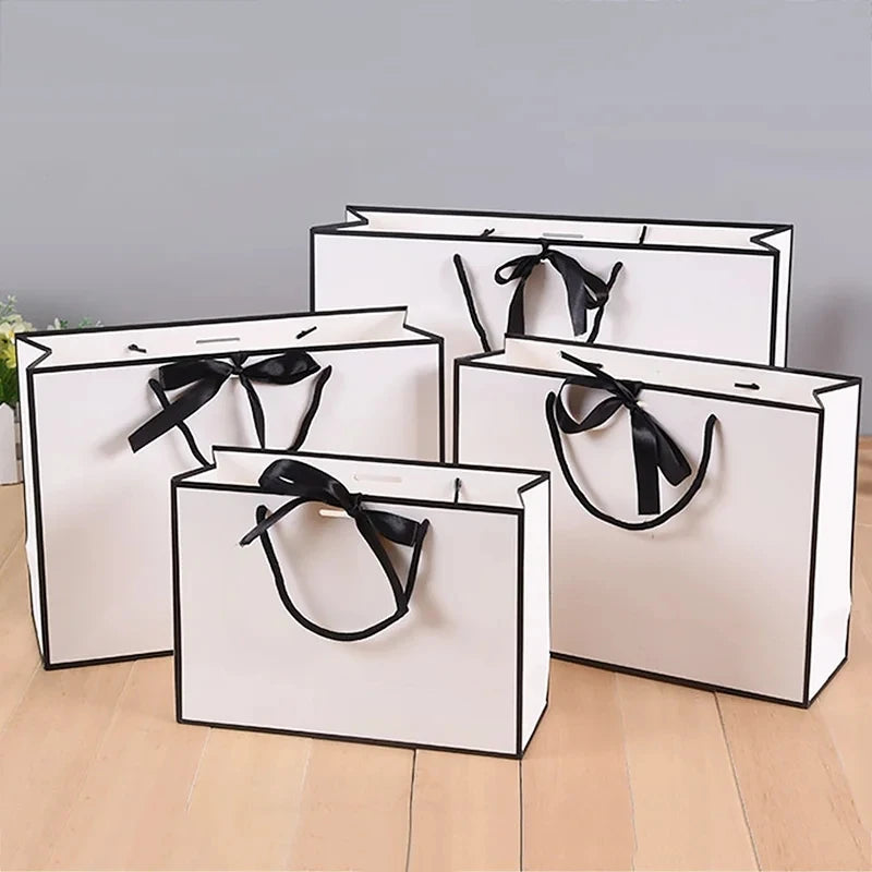 White Paper Gift Boxes with Black Border 1-50 Pieces Portable Tote Bags with Bow Ribbon for Dinner Party Supplies