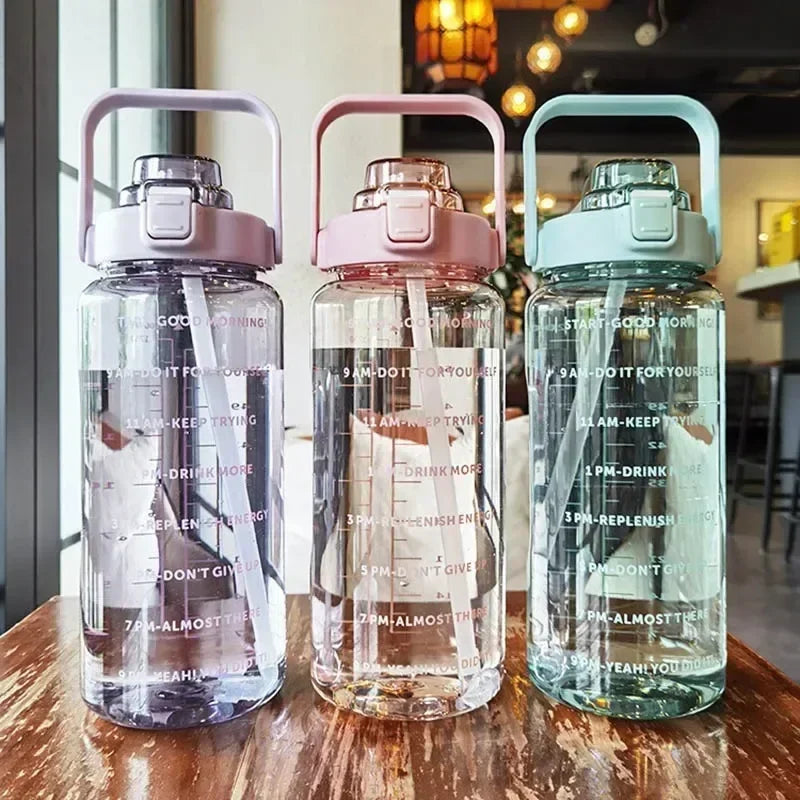 2L Straw Water Bottle Large Capacity With Time Marker For Sports Fitness