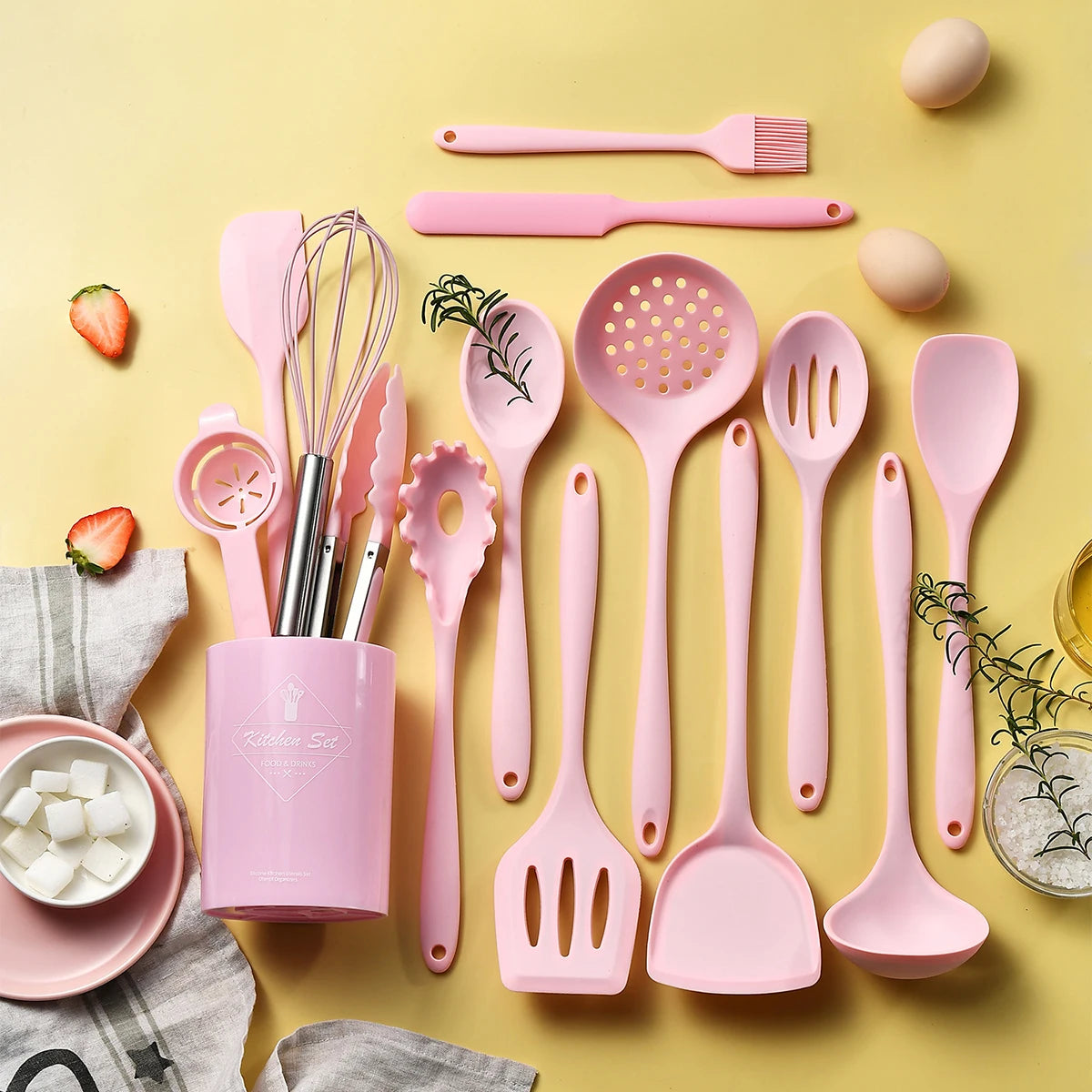 15 Piece Pink Silicone Kitchen Utensil Set with Storage Bucket Non-Stick Cooking Tools