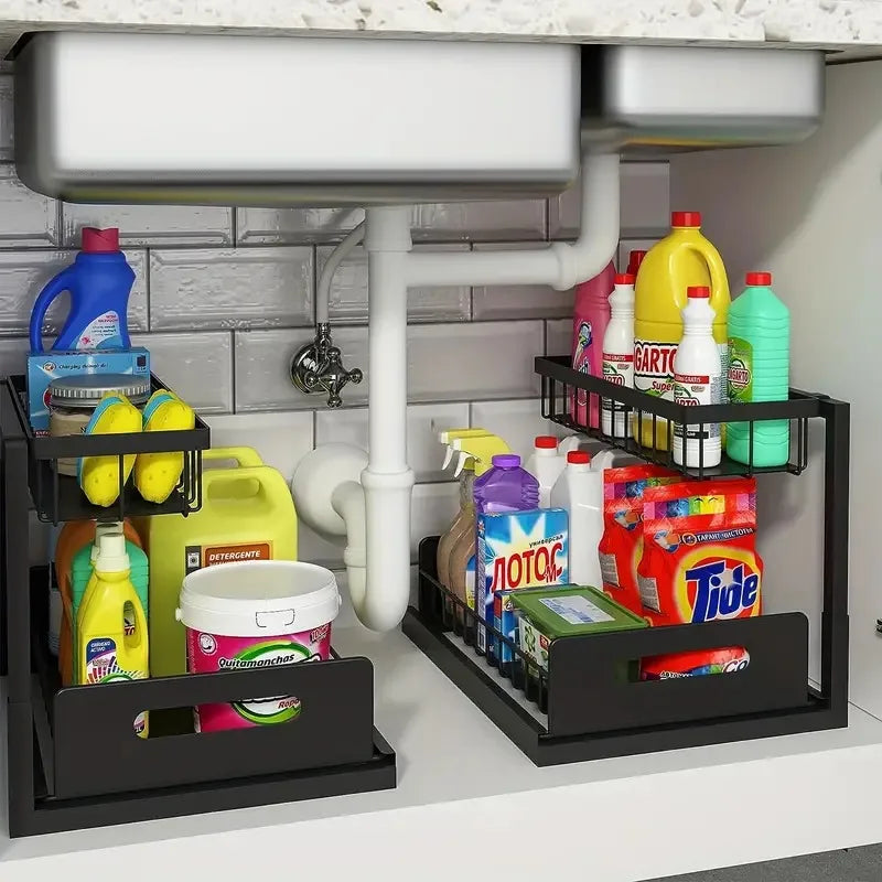 2 Tier Under Sink Organizers with Sliding Drawer for Bathroom and Kitchen Storage