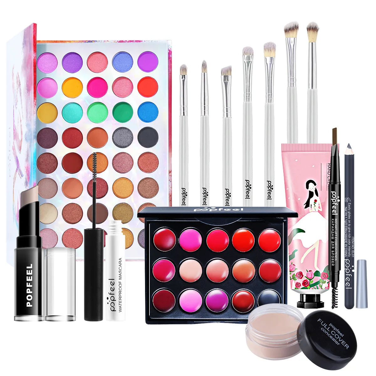 Popfeel All in One Makeup Kit Gift Set with Eyeshadow Palette Foundation Lip Gloss Blush Brushes and Eyeliner Essential Beauty Collection