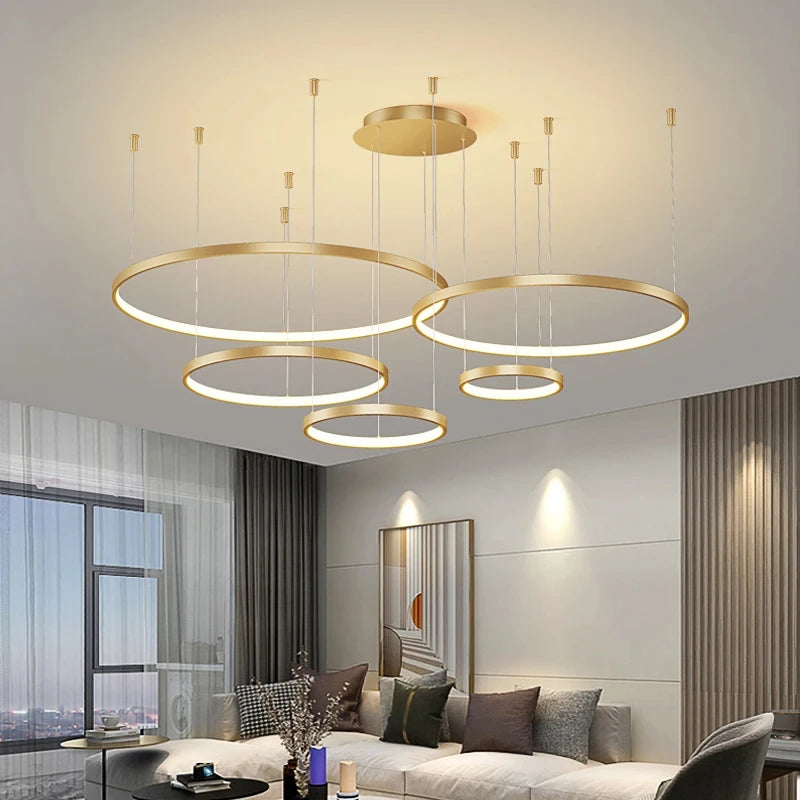 Black Rings Modern Minimalist Dimmable Pendant Light for Living Room and Restaurant Remote Control Chandelier Home Decor