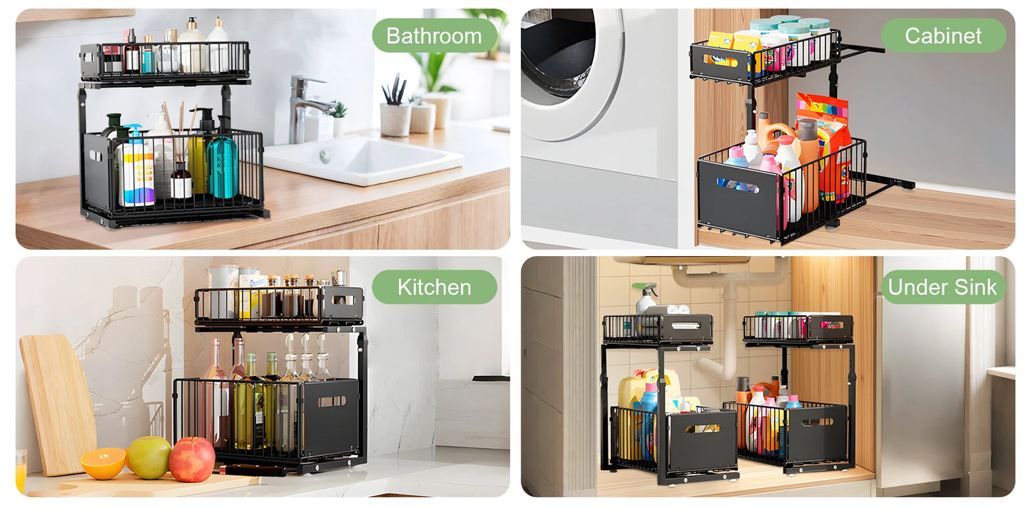 2 Tier Pull Out Cabinet Organizer Adjustable Kitchen Storage Rack