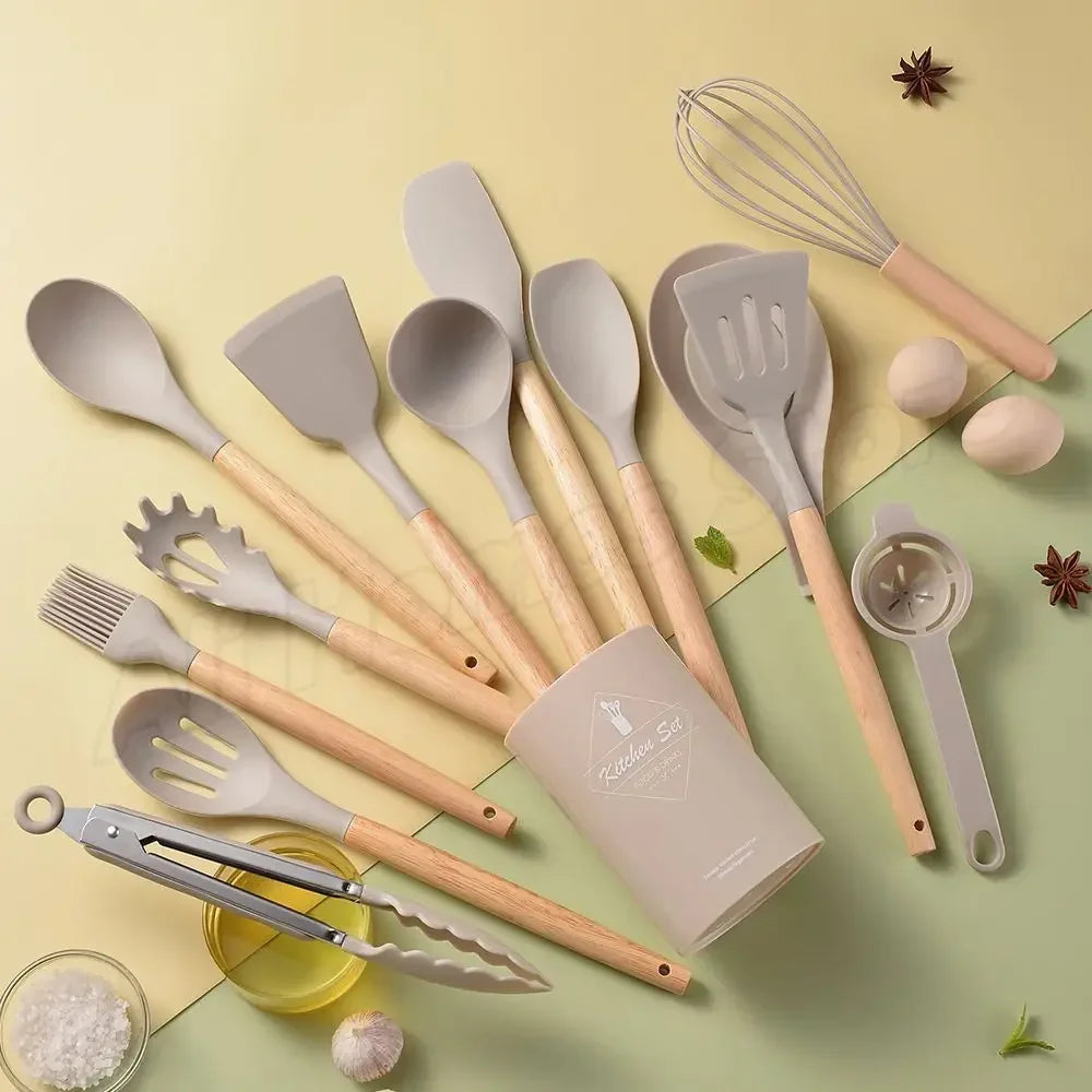Silicone Kitchen Utensil Set 12 Pieces Food Grade Cooking Tools Turner Spatula Measuring Spoon Eco-Friendly Cookware
