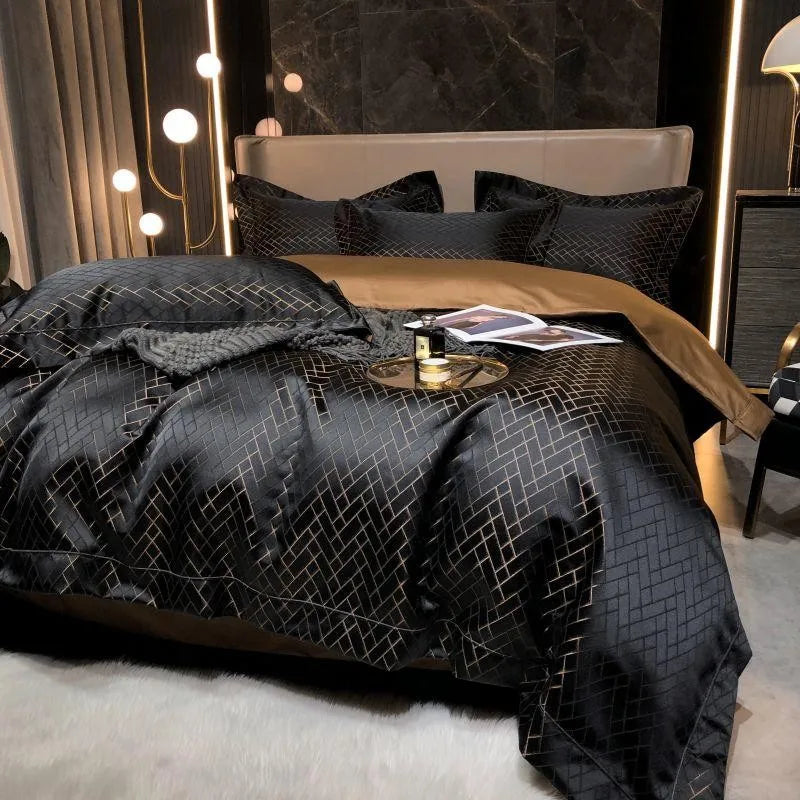 4/6Pcs Luxury Black Gold Jacquard Egyptian Cotton Duvet Set