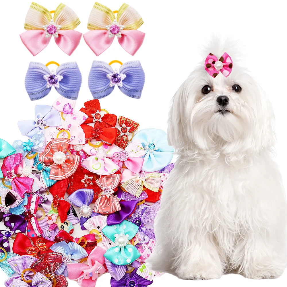 10/20PCS Diamond Puppy Bows Multi Style Dog Bows With Rubber Bands Pet Hair Accessories For Dogs Handmade Dog Hair Bows Supplies