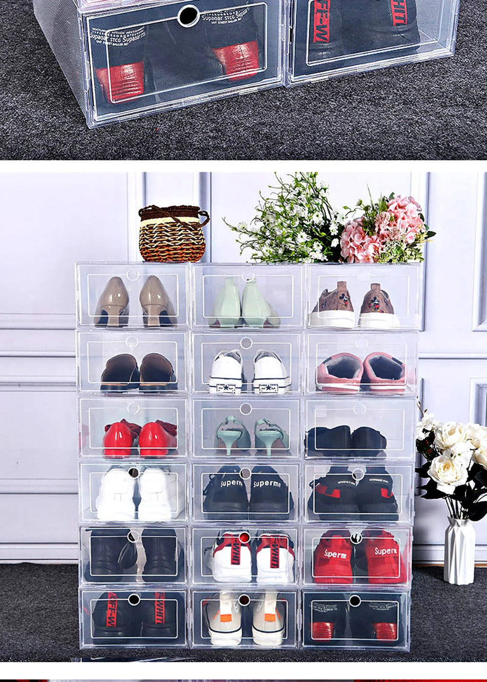 6 Pack Transparent Shoe Box Organizers Dustproof Stackable Cabinet