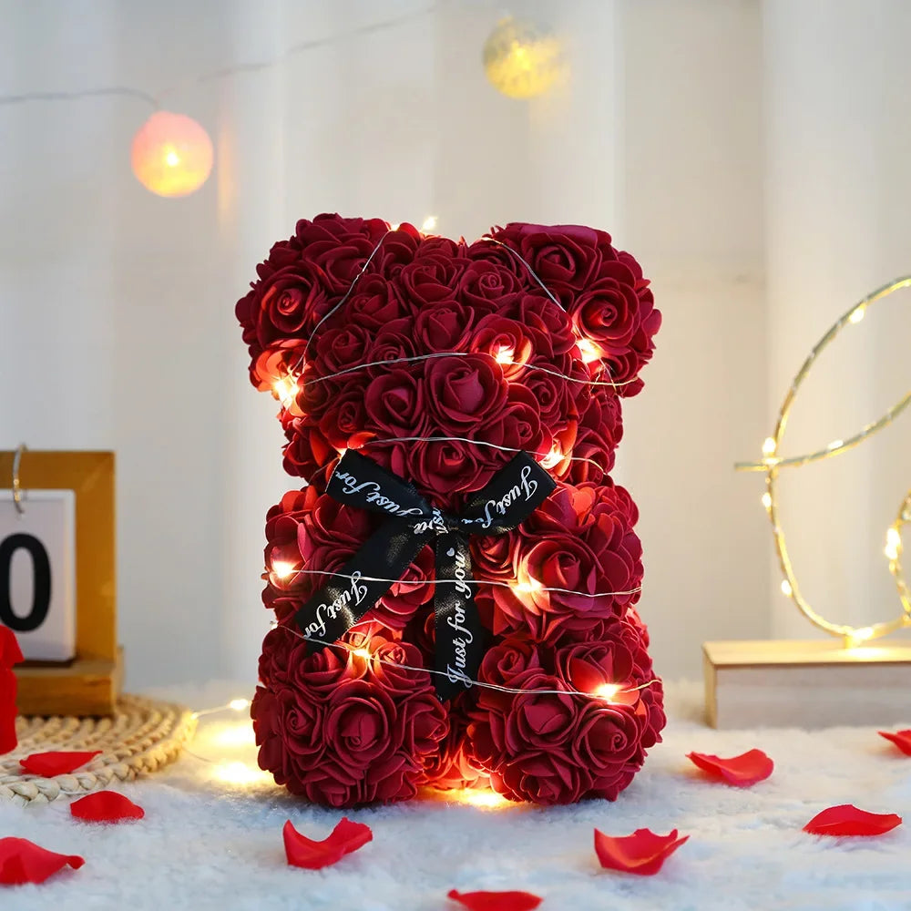 25cm Artificial Rose Teddy Bear Gift Box for Romantic Occasions Valentine's Day Anniversary Wedding Party Supplies