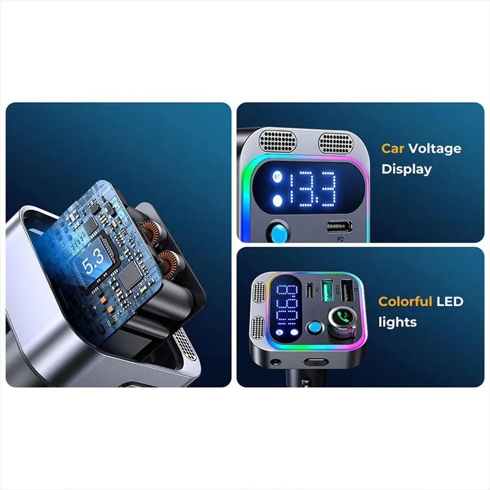 Car Adapter FM Transmitter with PD QC3.0 Charger and Dual Mics