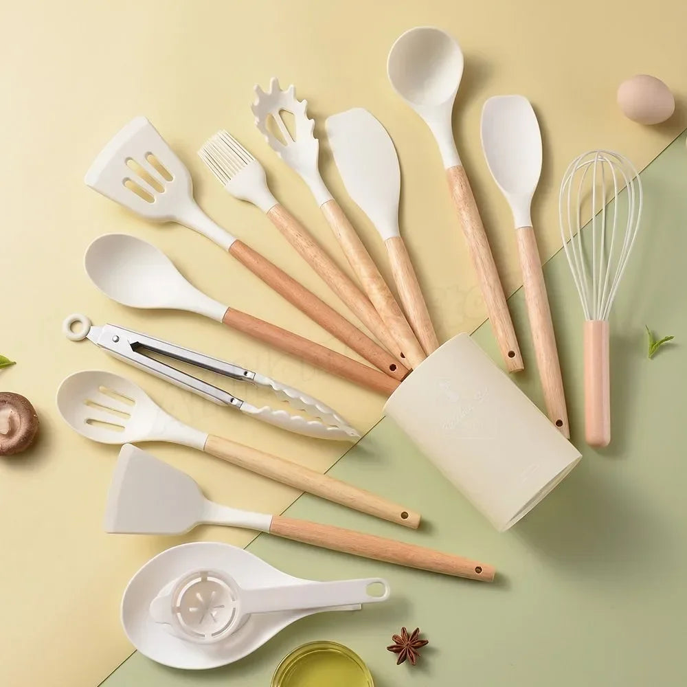 Silicone Kitchen Utensil Set 12 Pieces Food Grade Cooking Tools Turner Spatula Measuring Spoon Eco-Friendly Cookware