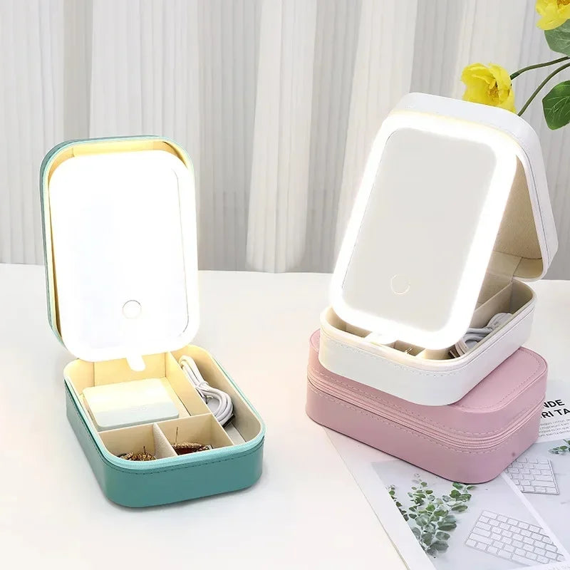 LED Mirror Makeup Storage Box Portable Travel Case with Large Capacity and Three-Level Lighting