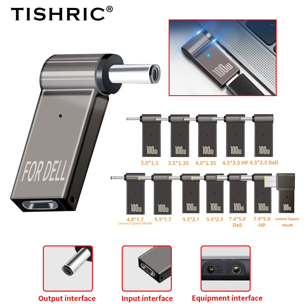 PD 100W Laptop Power Charger Adapter 5A 20V Type-C to DC Plug for Lenovo HP DELL