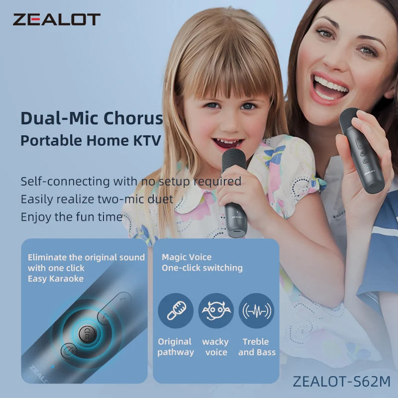 Zealot S62M Portable Bluetooth Karaoke Machine with Wireless Microphones Ideal for Home and Family Gatherings