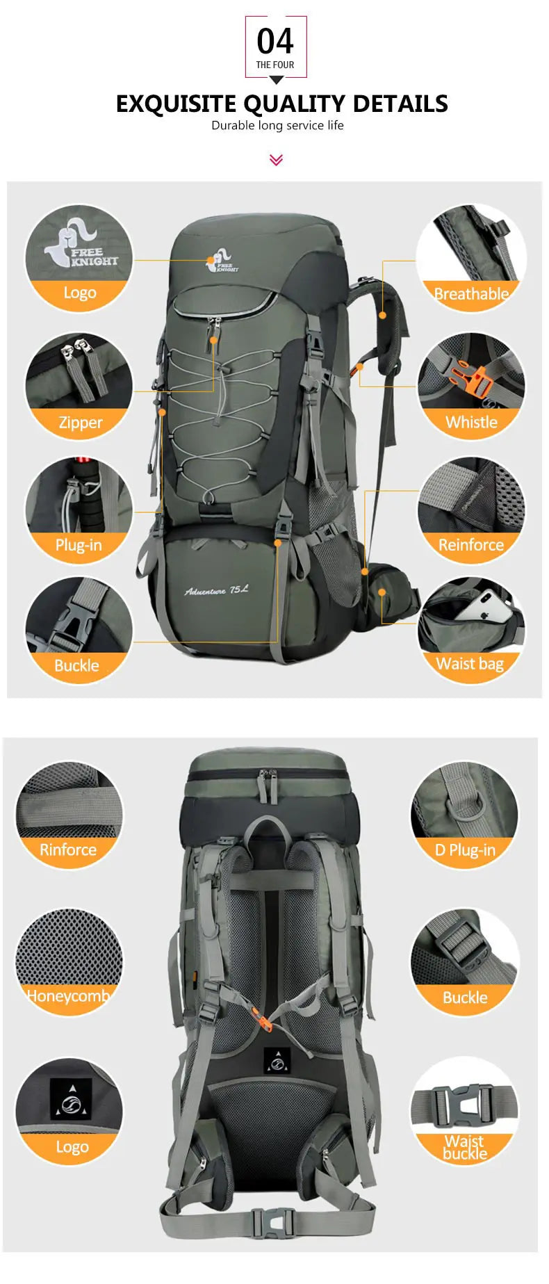 75L Camping Backpack Travel Sport Bag With Rain Cover Men