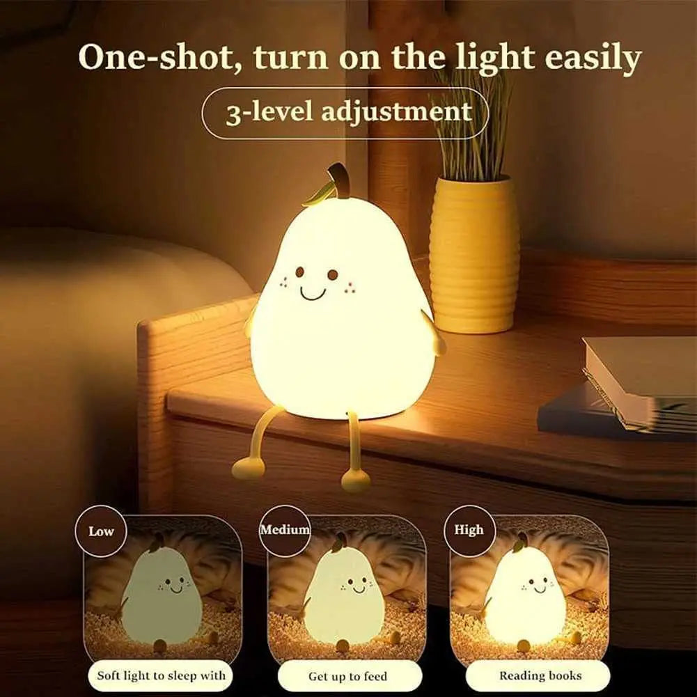 Pear Shaped Silicone Night Light for Kids Dimmable 7 Colors USB Rechargeable Cute Bedroom Lamp